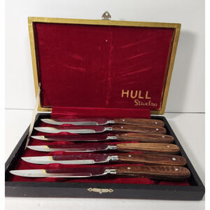 Vintage HULL Stainless Steel Wood Handle Knife Japan Set 6 Storage Box
